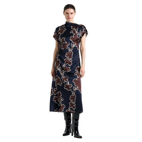 Cue Ink Illustrated Floral Satin Fold Neck Dress